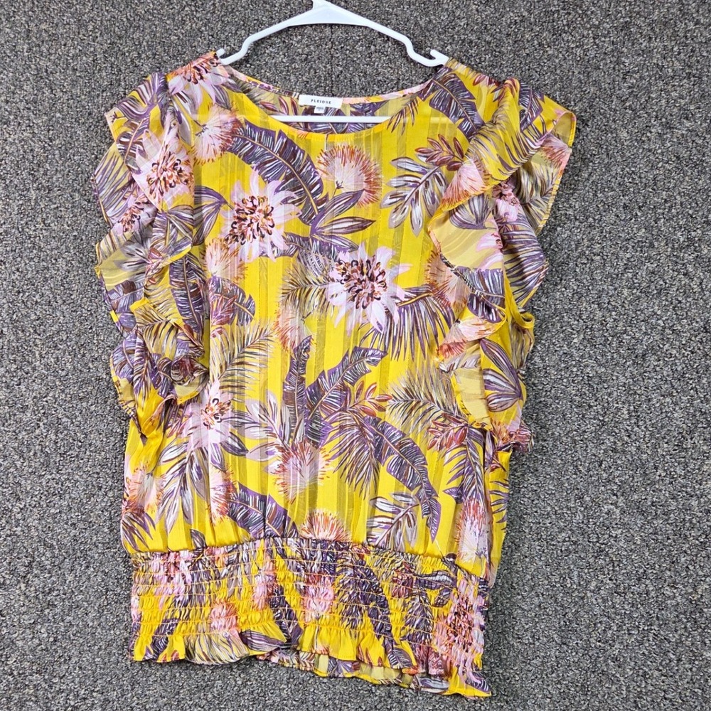 Pleione Blouse Women Large Yellow Tropical Floral Ruffle Smocked Waist WOV511451
